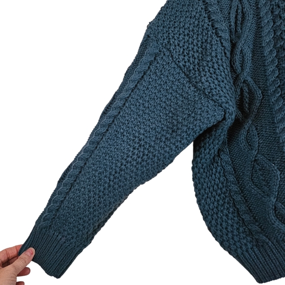 Molly Bracken Chunky Cable Knit Cardigan Sweater Teal Blue Green, Size L - Picture 4 of 7